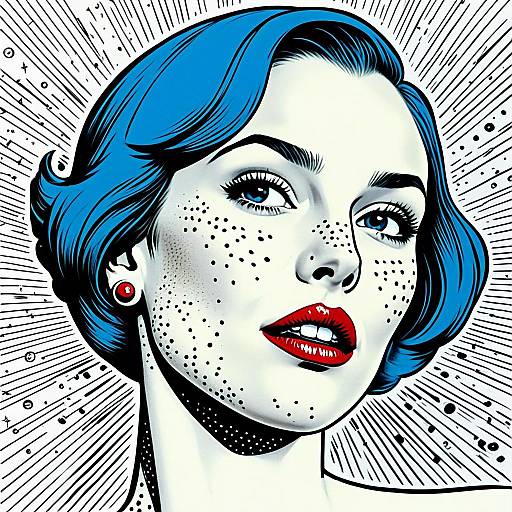 Pop Art Portrait of Woman with Blue Hair and Red Lips