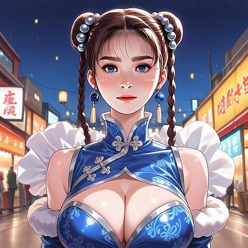 Digital Illustration of Woman in Traditional Blue Qipao at Night Market
