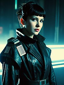 Woman in Blade Runner Joi Costume with Cyberpunk Leather Jacket