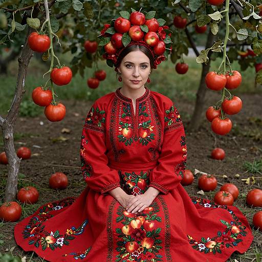 Traditional Folk Costume Woman with Apple Embroidery and Headdress Among Apple Trees