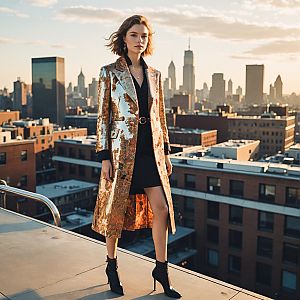 Confident Woman in Metallic Coat Overlooking City at Sunset