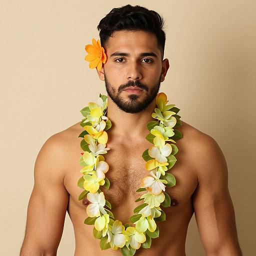 Shirtless Man Wearing Tropical Floral Lei and Orange Flower