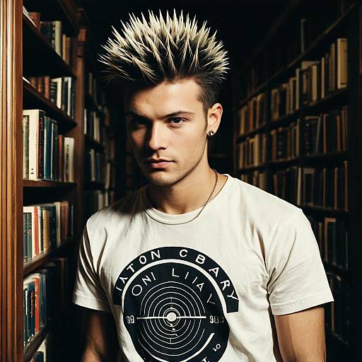 Young Man with Spiked Hair in Library Aisle Wearing Graphic T-Shirt