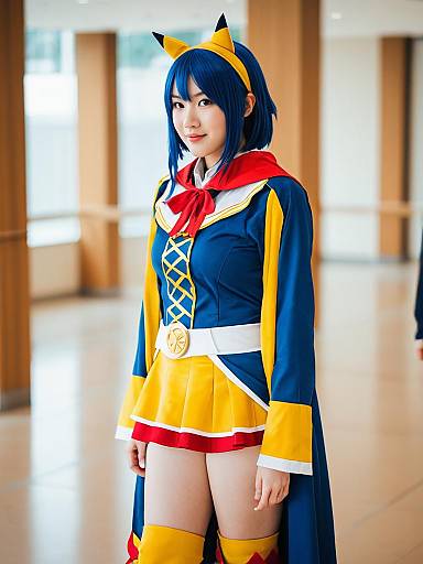 Anime Style Blue Haired Woman Cosplay in Vibrant Yellow and Blue Outfit