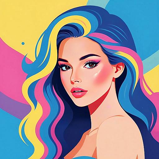 Pop Art Digital Illustration of Woman with Colorful Hair