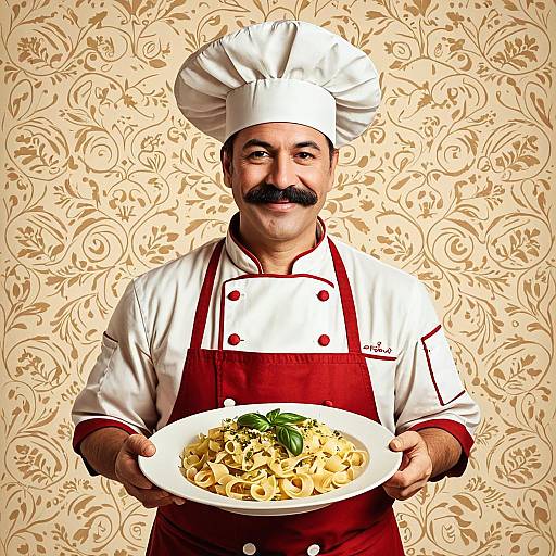 Male Chef Holding Pasta Plate in Red Apron with Traditional Chef Hat