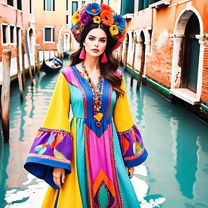 Woman in Bohemian Dress by Canal in Venice