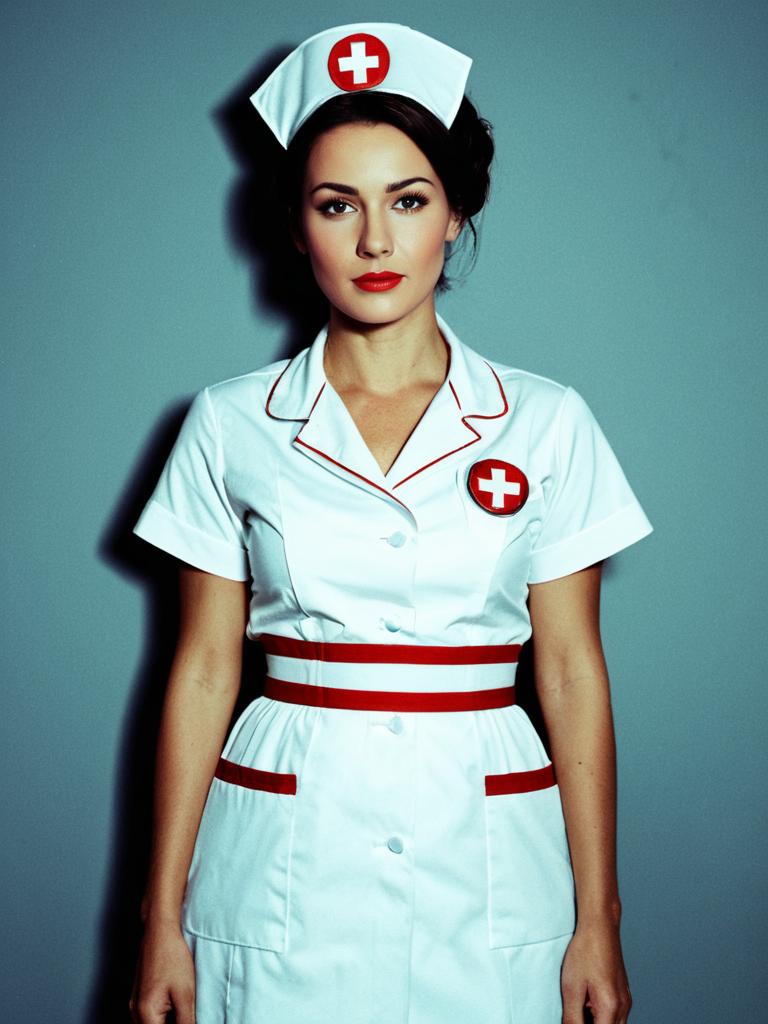 Woman in Vintage Nurse Costume Waist-Up Editorial Portrait Photorealistic