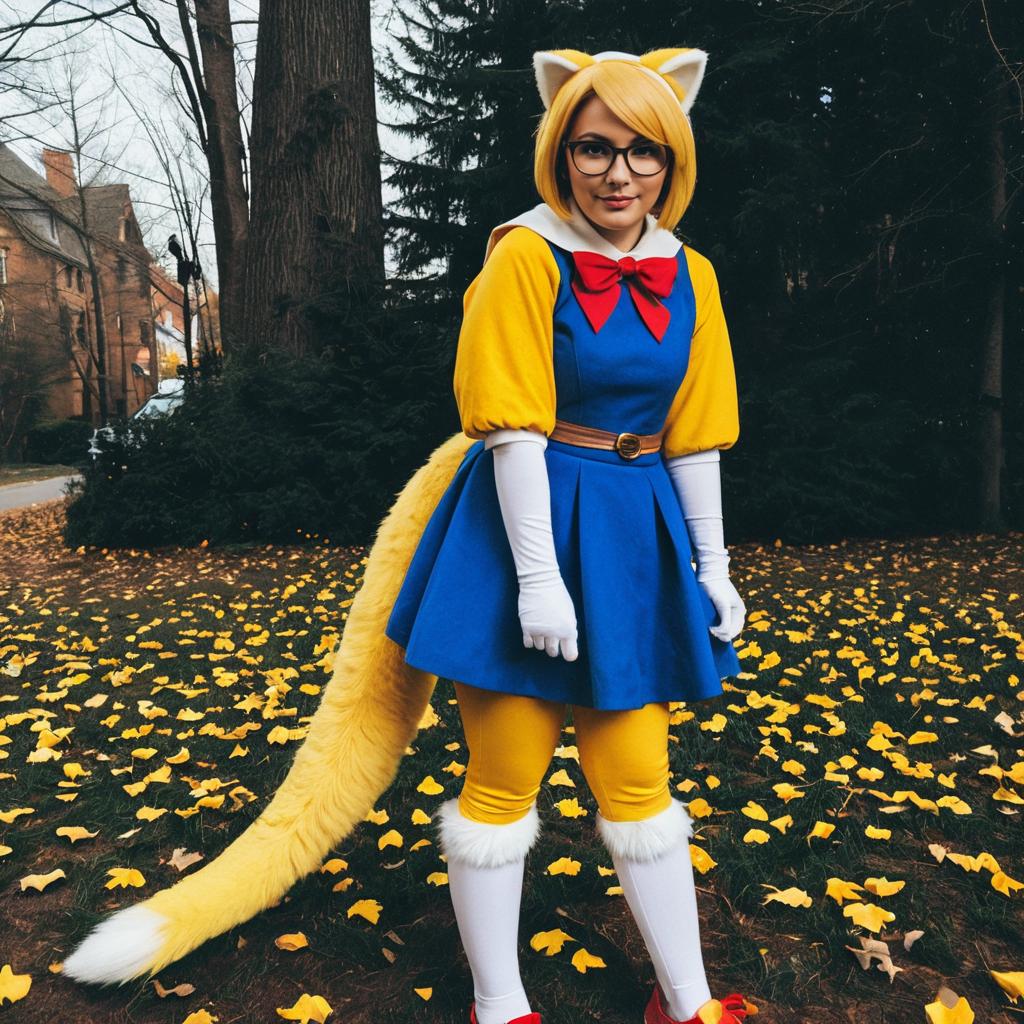 Alphys Cosplay Woman in Blue and Yellow Outfit with Tail Outdoors