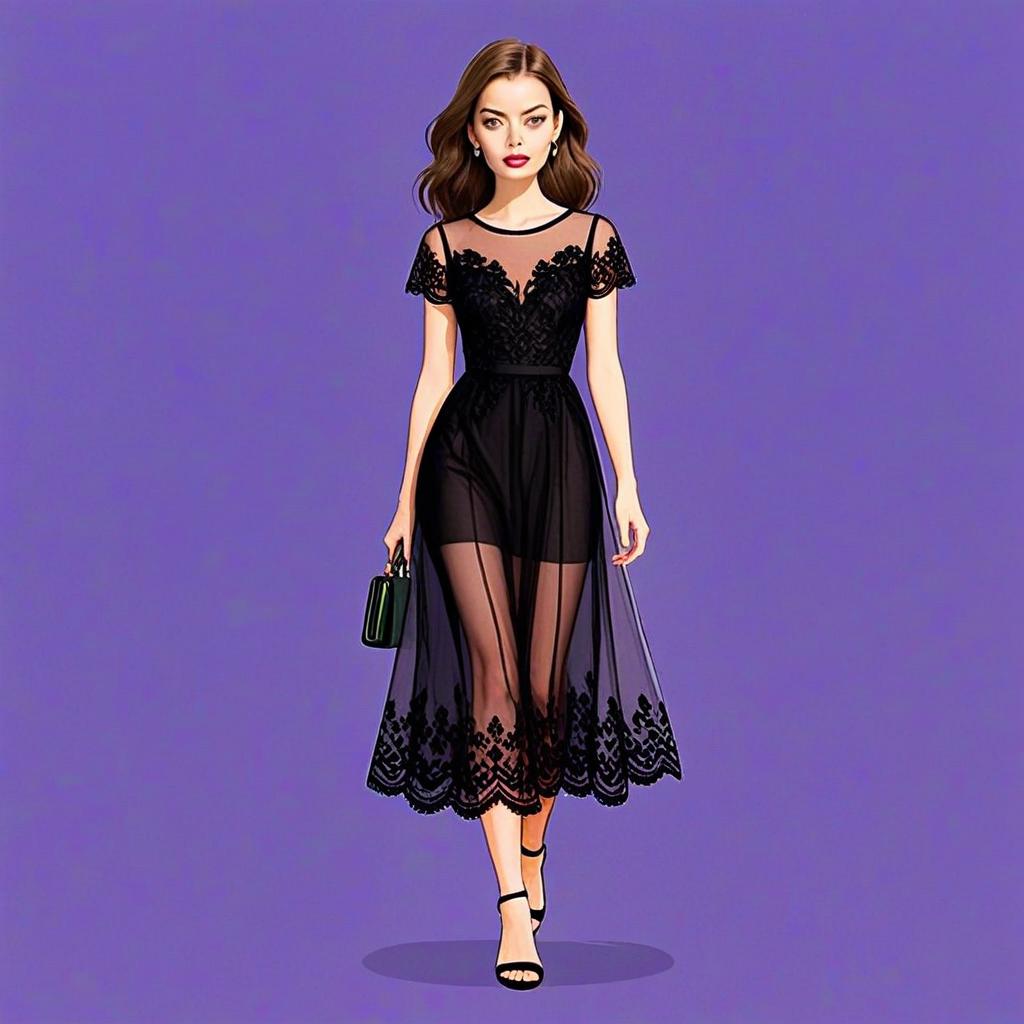 Elegant Woman in Sheer Black Mesh Short Sleeve Dress with Floral Lace Detailing