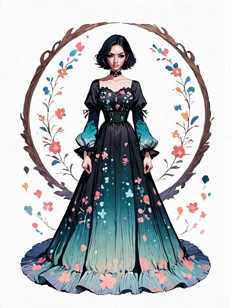 Bohemian Woman in Floral Black Dress Illustrated in Realistic Comic Style
