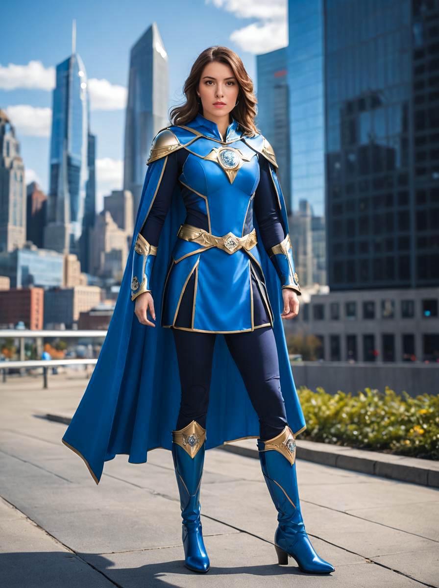 Confident Female Superhero in Blue and Gold Costume