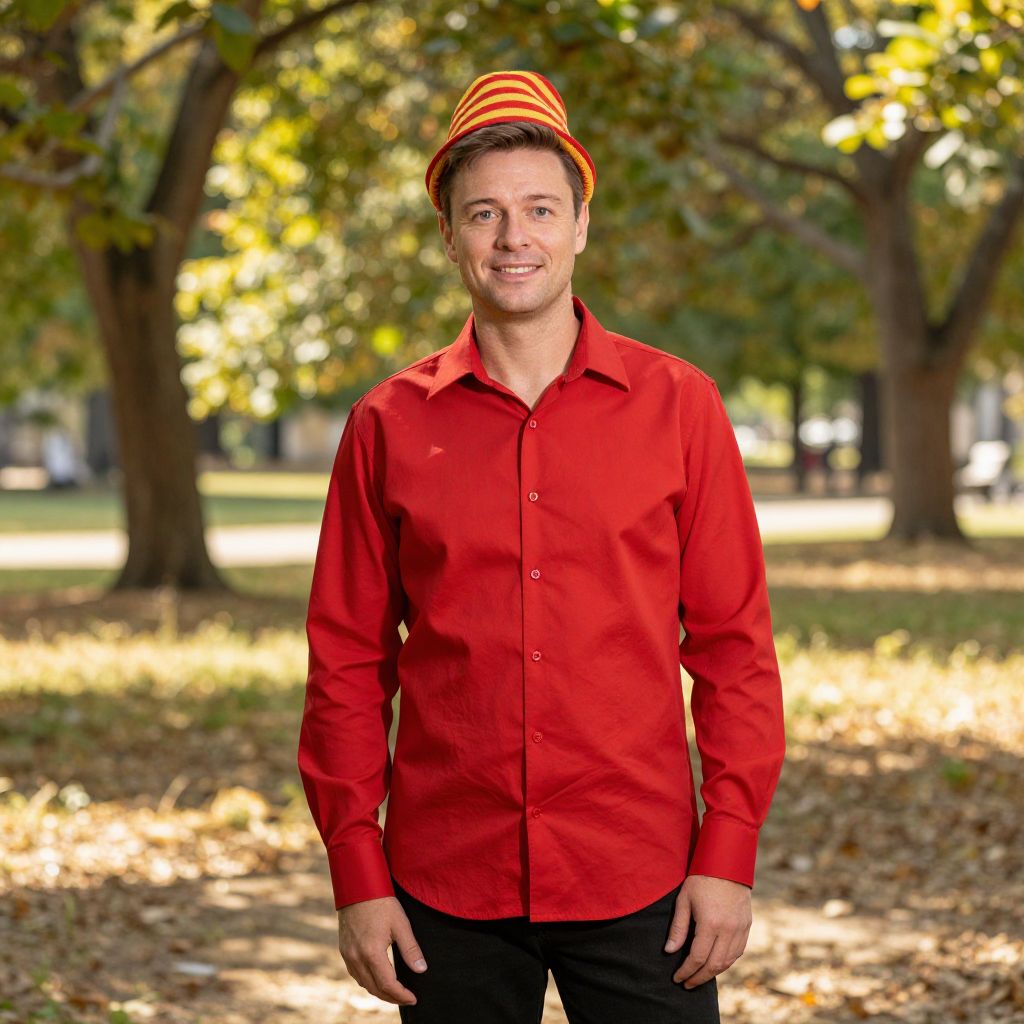 Man in Red Shirt and Striped Hat Outdoors in Autumn Park