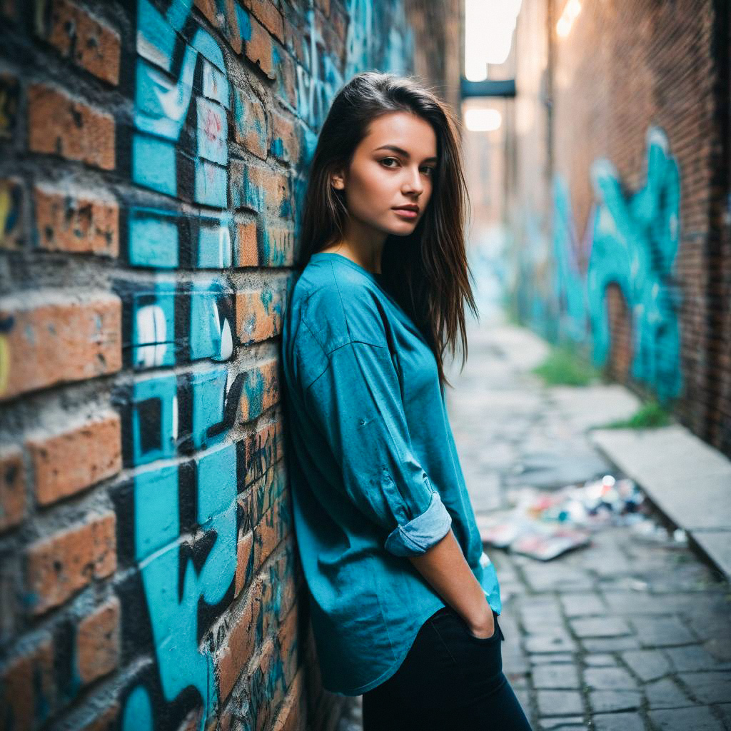 Young Woman in Urban Alley with Graffiti