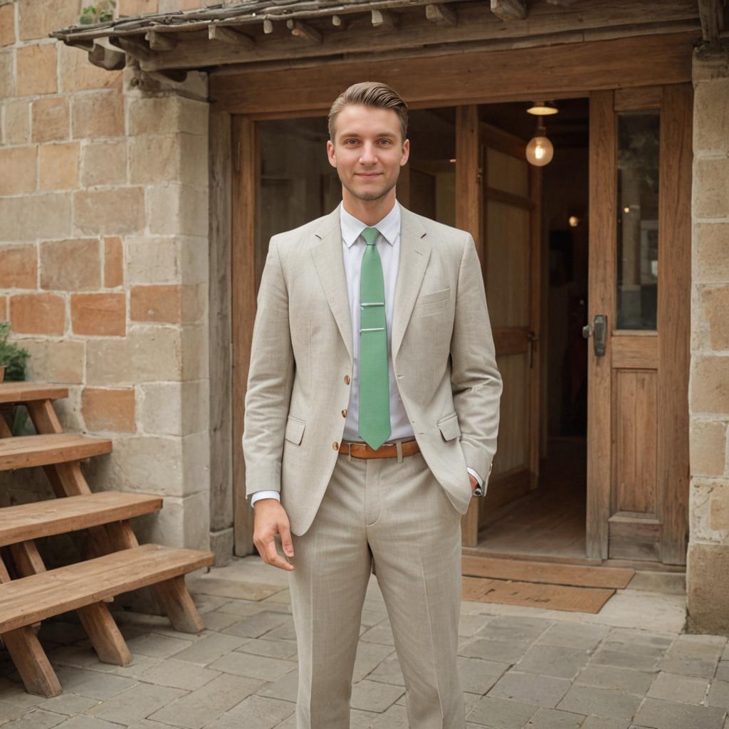 Confident Man in Beige Suit with Green Tie