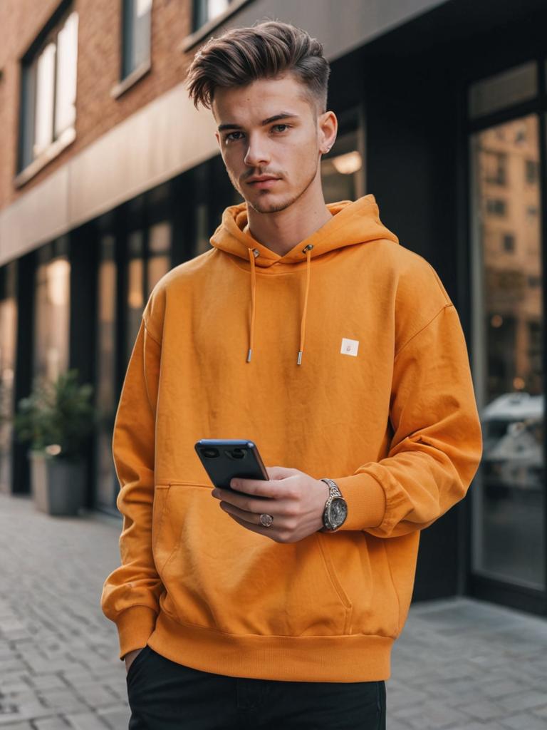 Stylish man in orange hoodie with smartphone