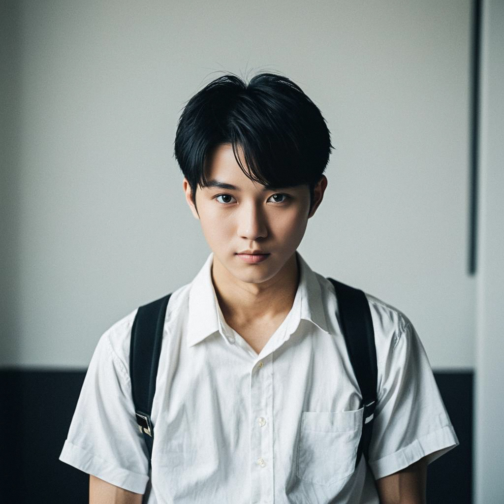 Young Asian Man in White Shirt with Backpack