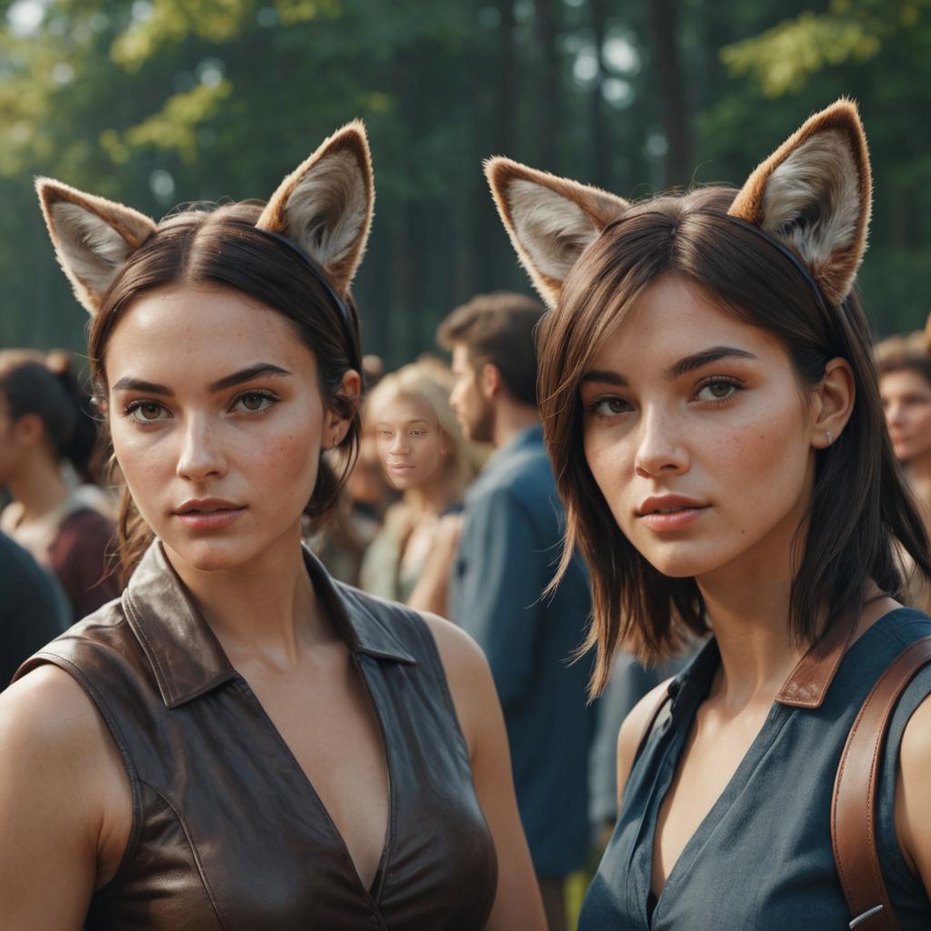 Women with Animal Ears in a Blurred Crowd