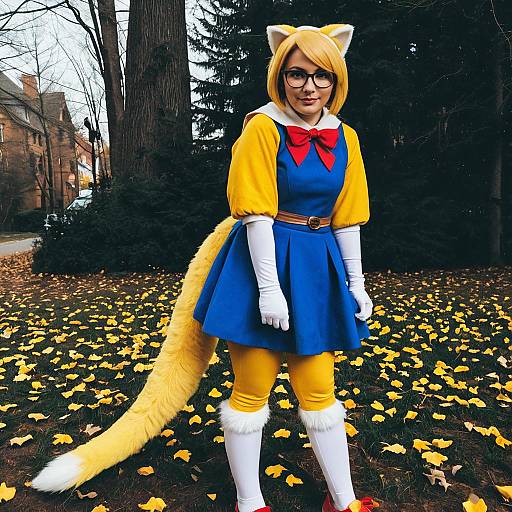Alphys Cosplay Woman in Blue and Yellow Outfit with Tail Outdoors