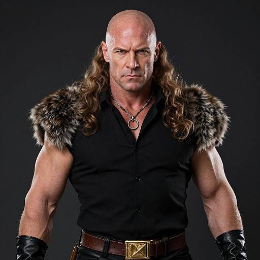 Fierce Bald Man with Long Hair Wearing Fur Accents and Leather Gloves