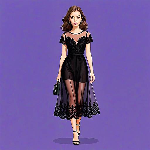 Elegant Woman in Sheer Black Mesh Short Sleeve Dress with Floral Lace Detailing