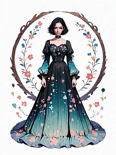 Bohemian Woman in Floral Black Dress Illustrated in Realistic Comic Style