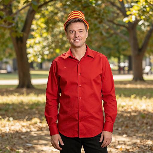 Man in Red Shirt and Striped Hat Outdoors in Autumn Park