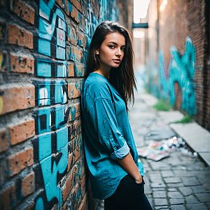 Young Woman in Urban Alley with Graffiti