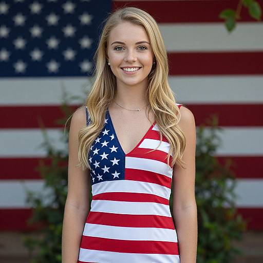 Young Woman Wearing American Flag Dress Standing in Front of Flag Background