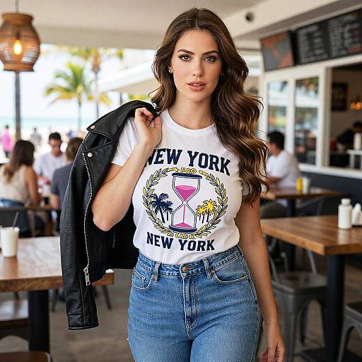 Woman Wearing Graphic Print Hourglass New York T-Shirt with Leather Jacket Casual Style