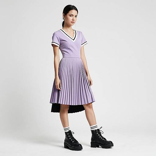 Casual Chic Woman Wearing Light Purple Dual Texture Pleated Dress