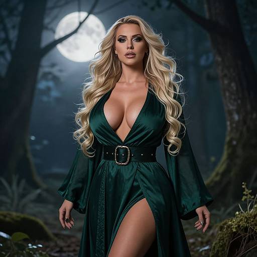 Blonde Woman in Deep Green Gown in Mystical Forest with Full Moon