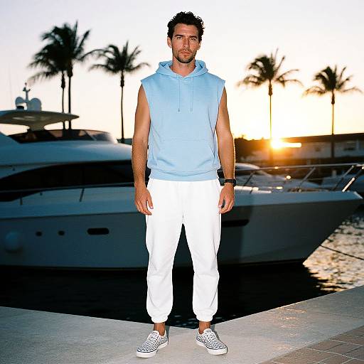 Man in Casual Hoodie and Joggers by Yacht at Sunset Marina