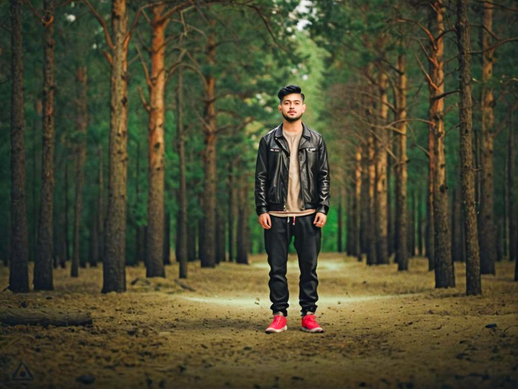 Young Man in Leather Jacket in Serene Forest