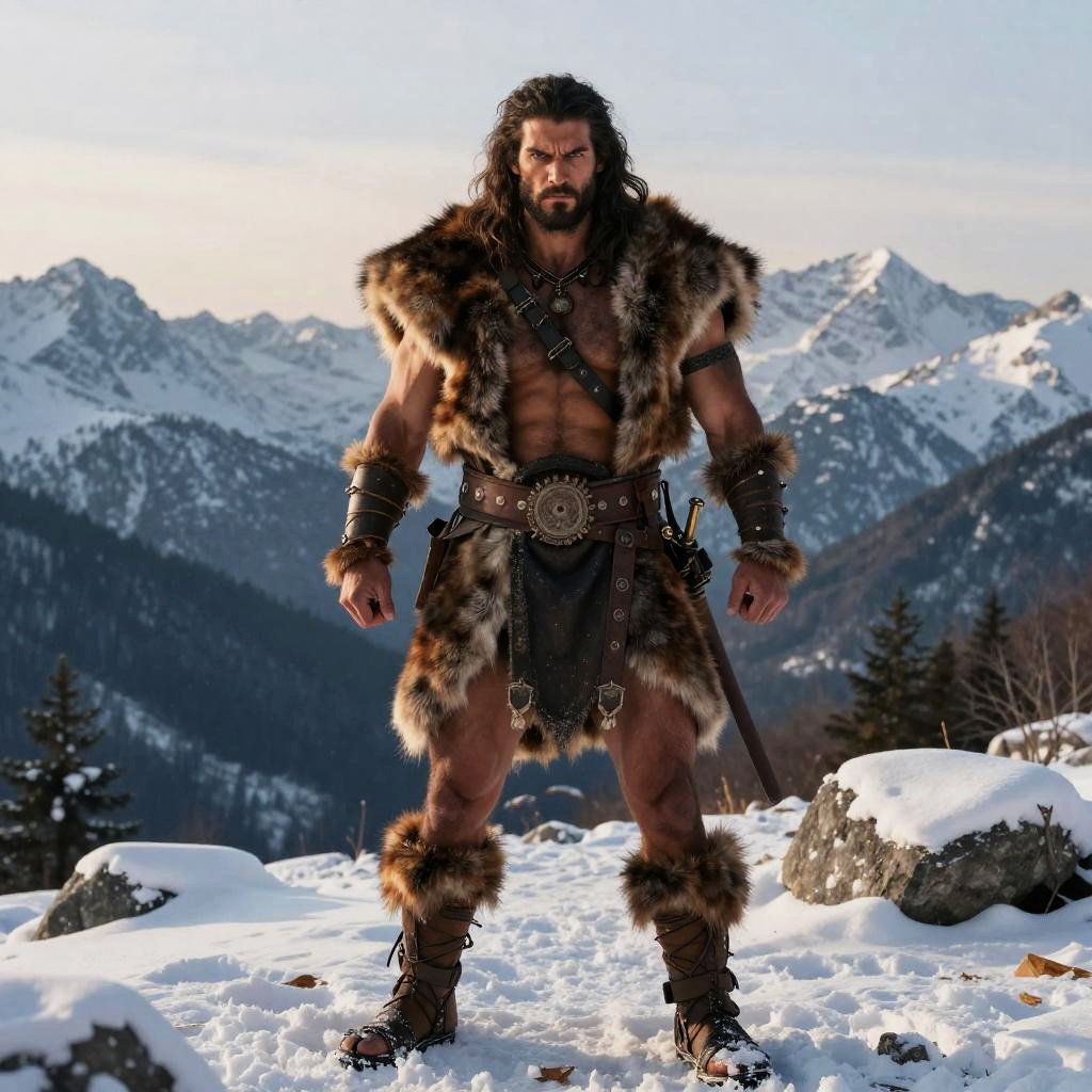 Barbarian Warrior Man in Fur Armor Standing in Snowy Mountains