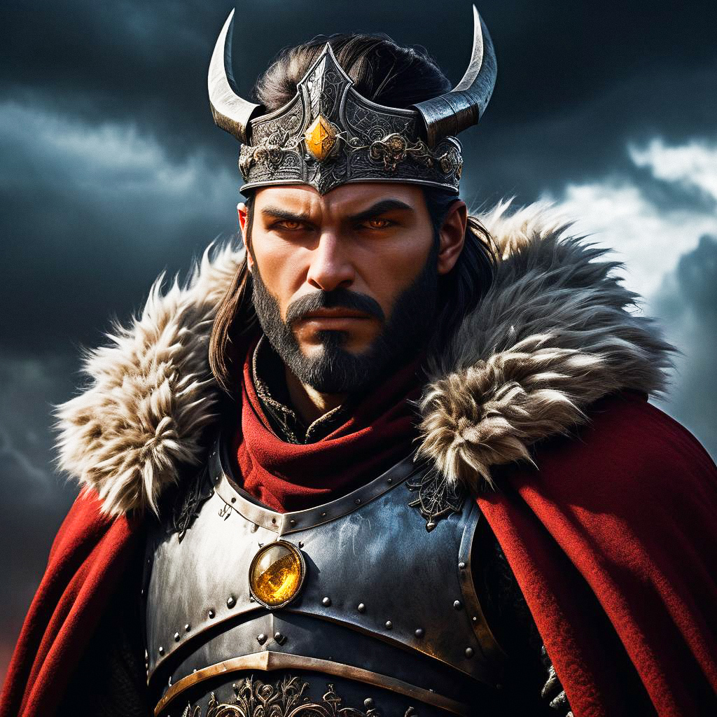 Fierce Warrior King in Stormy Sky