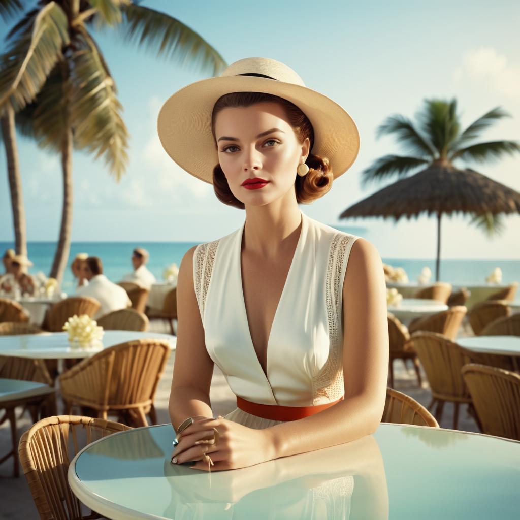 Elegant Woman in Vintage Sun Hat at Seaside Café