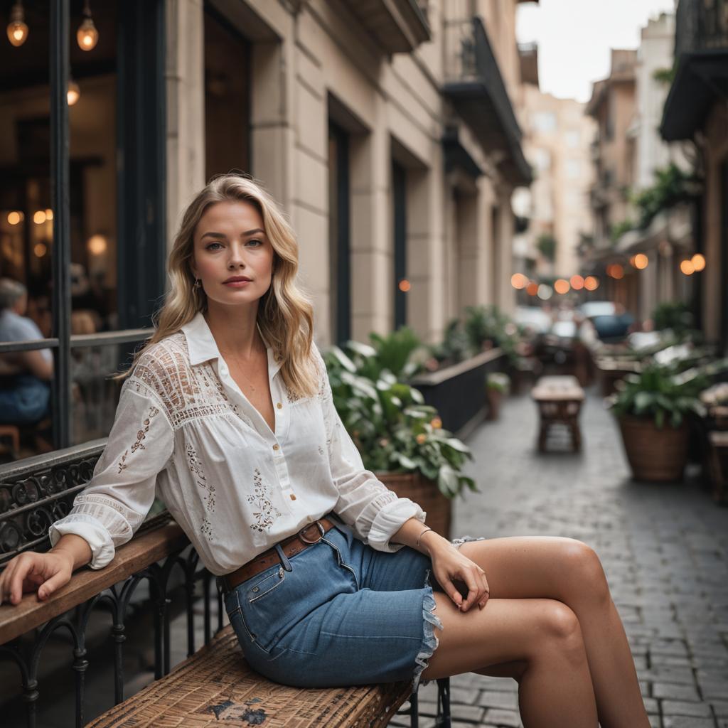 Stylish Woman in White Blouse and Denim Skirt Sitting on Urban Bench