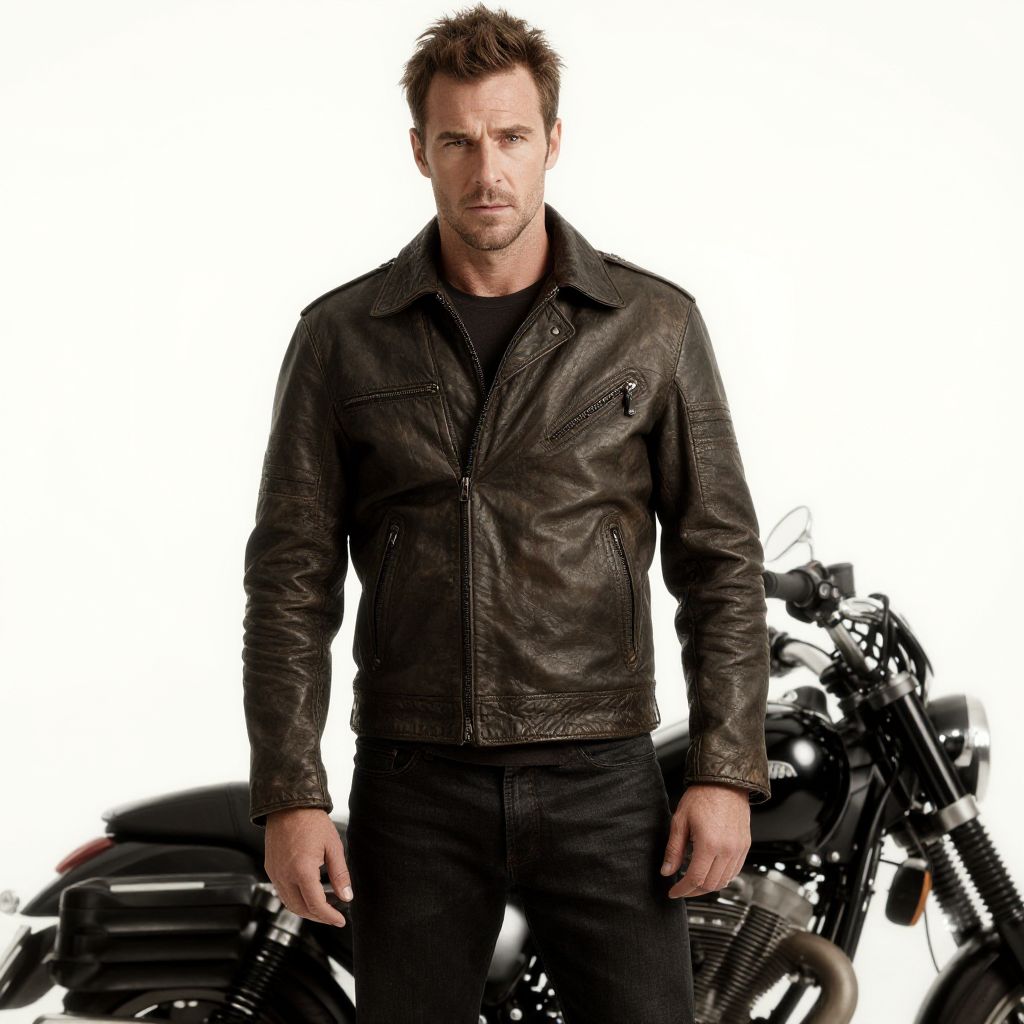 Man in Leather Jacket with Classic Motorcycle