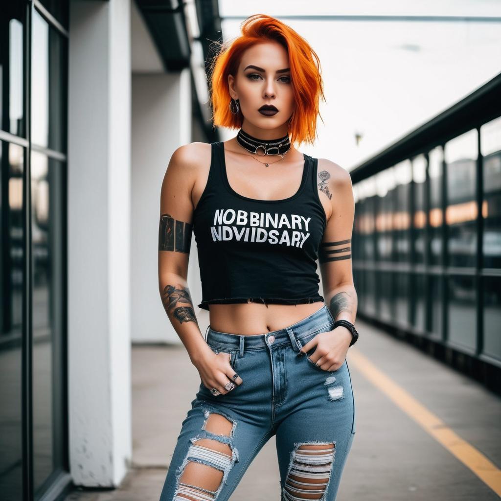 Edgy Woman with Orange Hair in Urban Setting