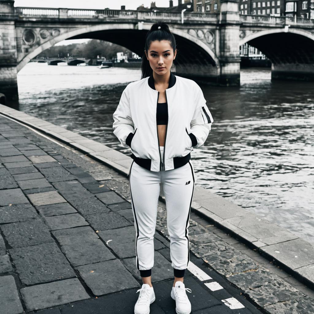 Young Woman in White Streetwear by Riverside with Historic Bridge
