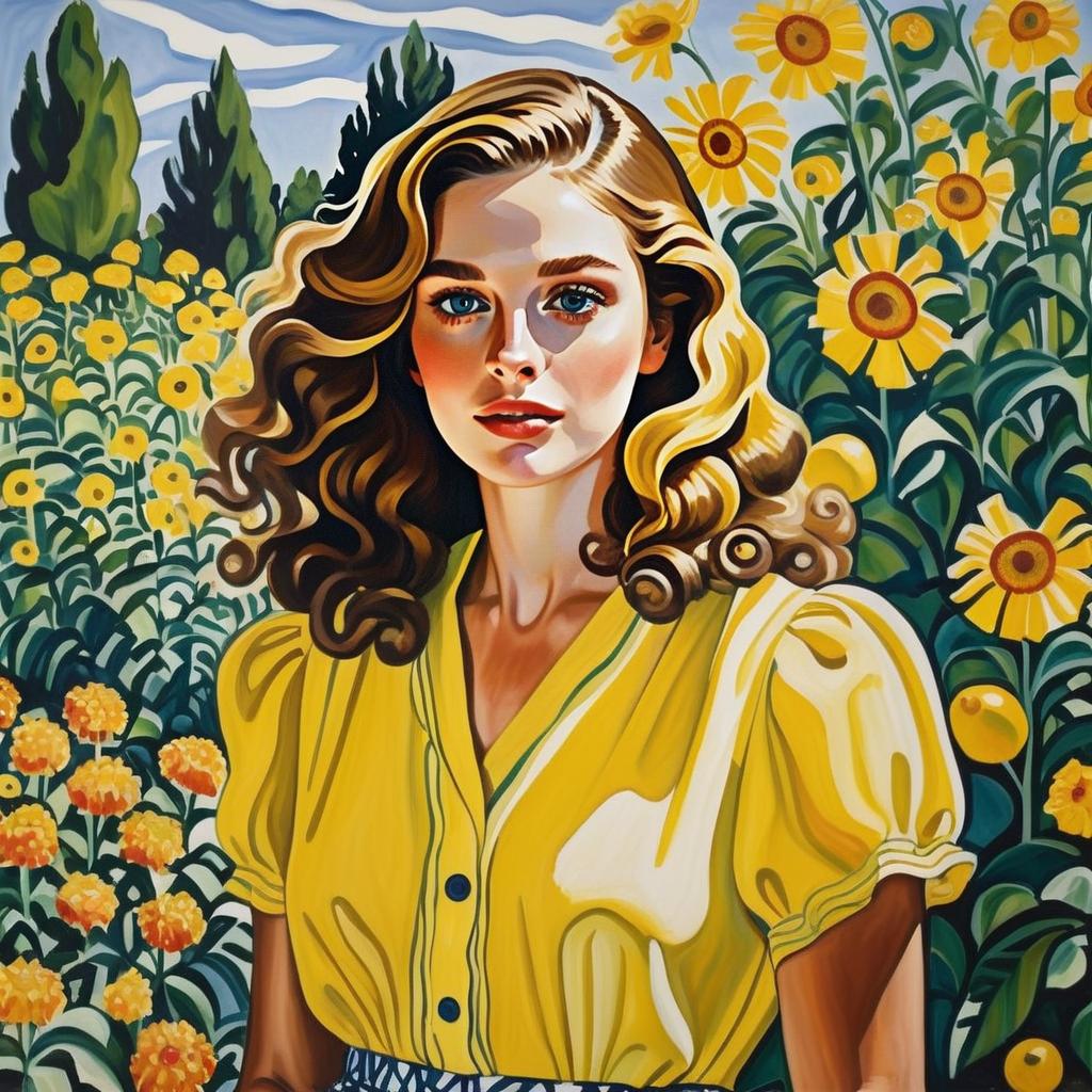 Woman with Golden Hair in Yellow Flower Field