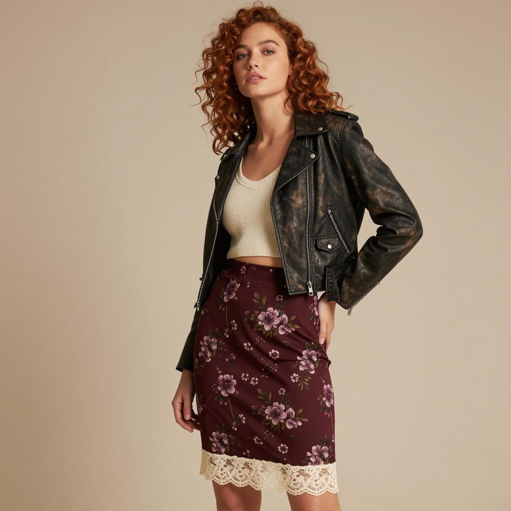 Stylish Woman in Vintage Leather Jacket with Floral Lace Skirt