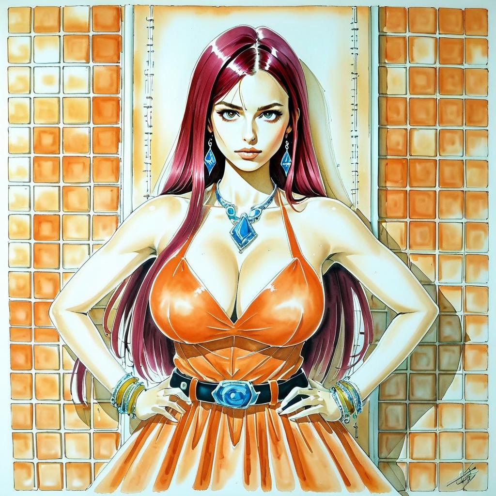 Confident Woman in Orange Dress with Blue Jewelry