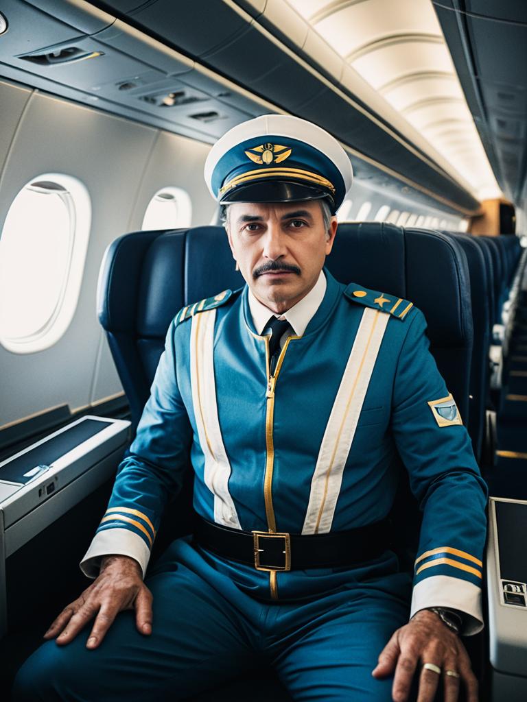 Man in Airliner Pilot Costume Seated Inside Modern Airplane Cabin Editorial Photography