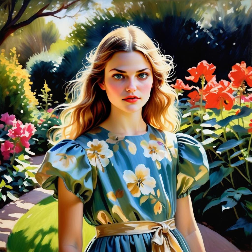 Young Woman in Blue Dress in Vibrant Flower Garden