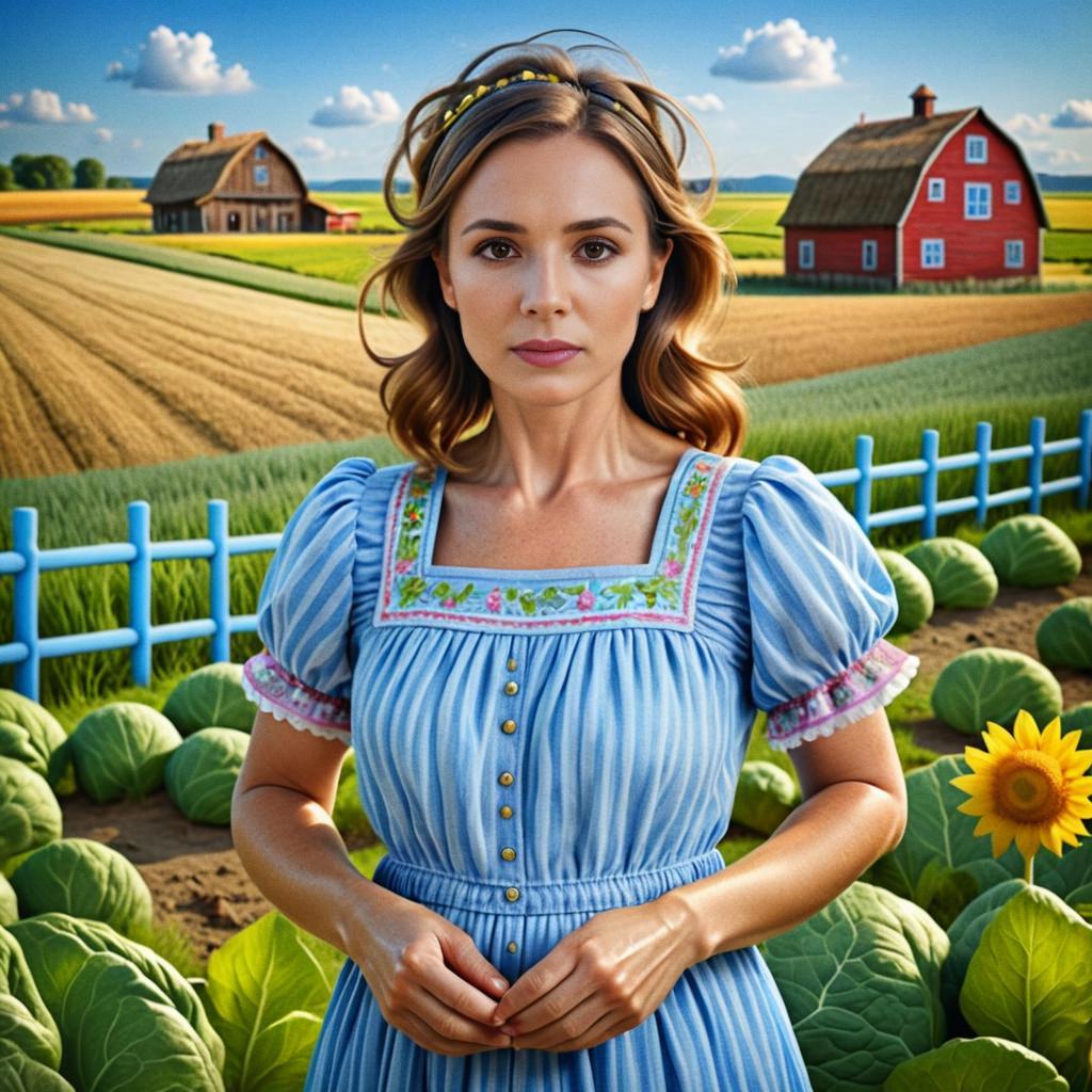 Woman in Vintage Blue Dress in Serene Rural Landscape