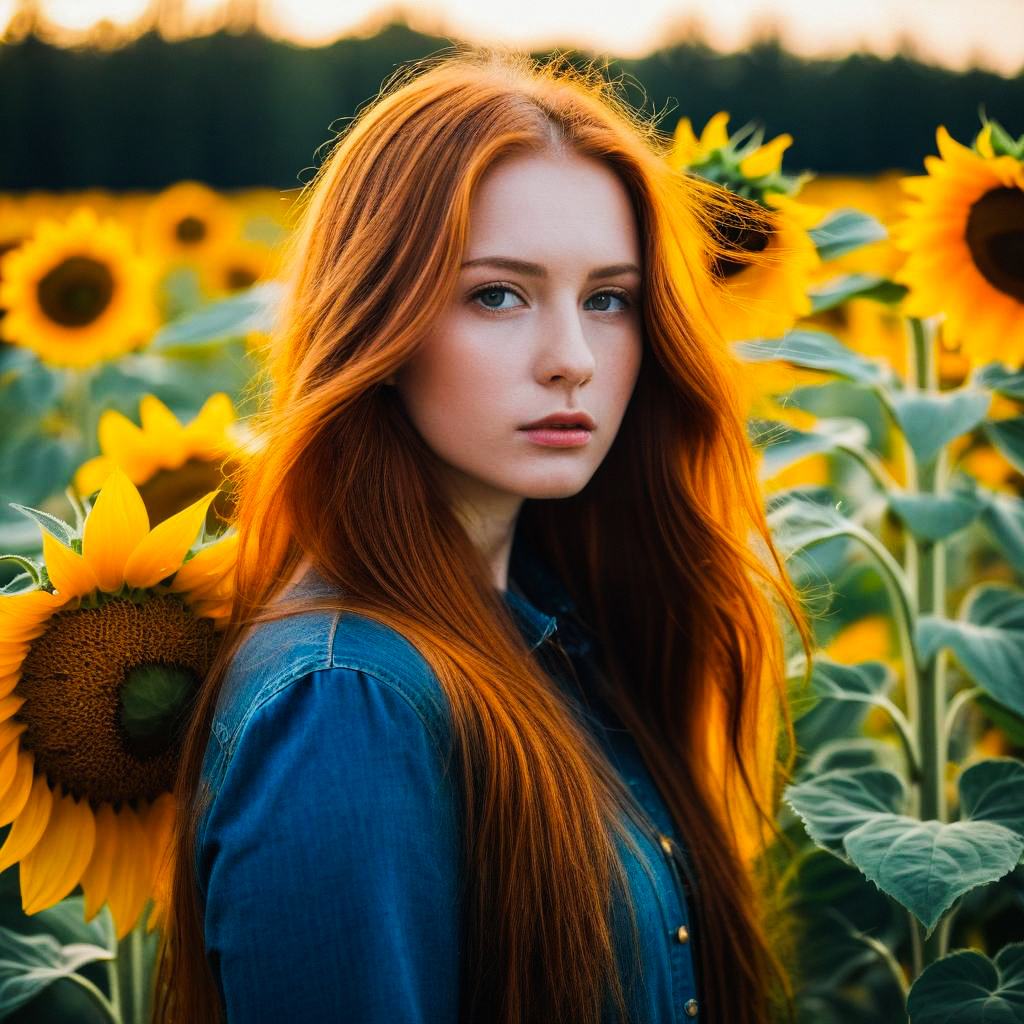 Young Woman in Sunflower Field at Golden Hour Young Woman in Sunflower Field at Golden Hour