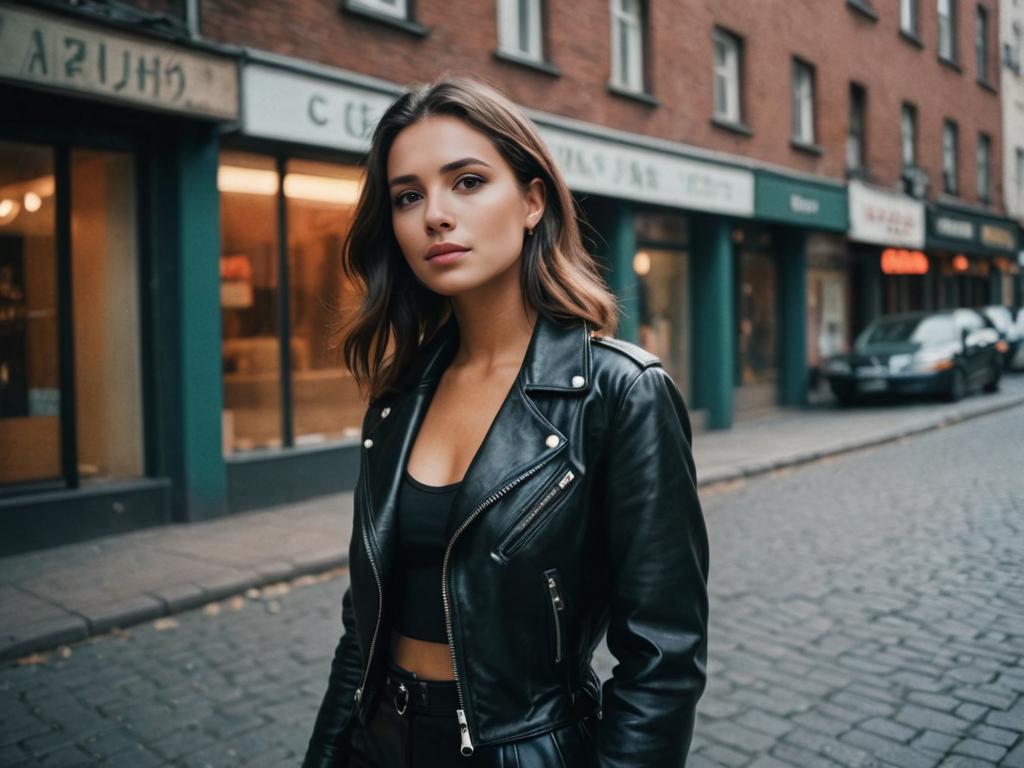 Chic woman in leather jacket on city street