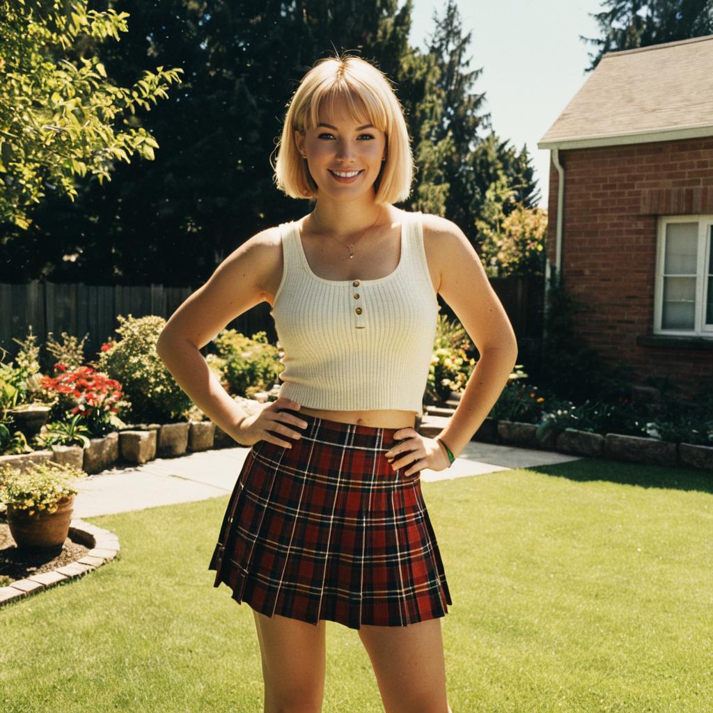 Young Woman in White Tank Top and Red Plaid Skirt Outdoors